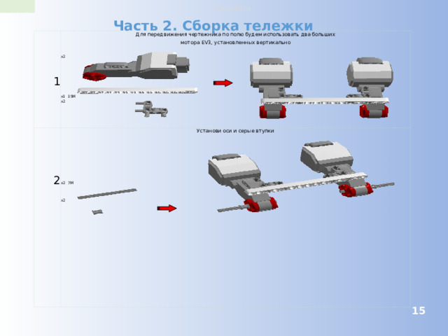 robo-wiki.ru Часть 2. Сборка тележки 1 Для передвижения чертежника по полю будем использовать два больших мотора EV3, установленных вертикально Установи оси и серые втулки 2 x2 x2 7M x1 15M x2 x2  