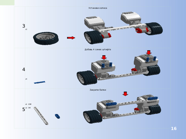 robo-wiki.ru 3 Установи колеса 4 Добавь 4 синих штифта 5 Закрепи балки x2 x4 x1 15M x2 3M  