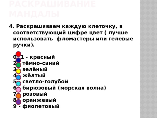 Раскрашивание мандалы 4. Раскрашиваем каждую клеточку, в соответствующий цифре цвет ( лучше использовать фломастеры или гелевые ручки).     0; 1 - красный    2 - тёмно-синий    3 - зелёный    4 - жёлтый    5 - светло-голубой    6 - бирюзовый (морская волна)    7 - розовый    8 - оранжевый    9 - фиолетовый 