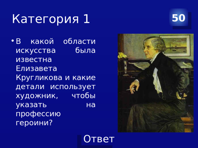 Категория 1 50 В какой области искусства была известна Елизавета Кругликова и какие детали использует художник, чтобы указать на профессию героини? 