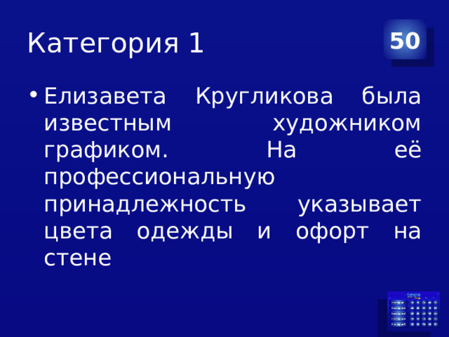 Категория 1 50 Елизавета Кругликова была известным художником графиком. На её профессиональную принадлежность указывает цвета одежды и офорт на стене 