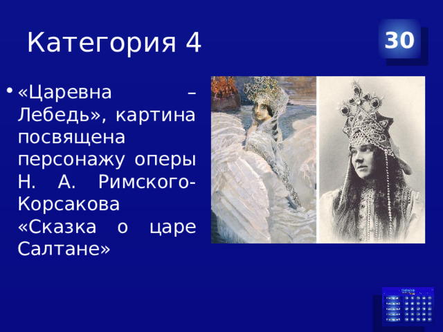Категория 4 30 «Царевна –Лебедь», картина посвящена персонажу оперы Н. А. Римского-Корсакова «Сказка о царе Салтане» 