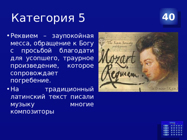Категория 5 40 Реквием – заупокойная месса, обращение к Богу с просьбой благодати для усопшего, траурное произведение, которое сопровождает погребение. На традиционный латинский текст писали музыку многие композиторы 