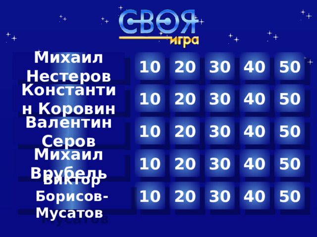 10 Михаил 30 40 50 20 Нестеров 40 50 30 20 10 Константин Коровин 20 30 40 50 Валентин Серов 10 Михаил Врубель 30 40 50 20 10 Автор шаблона Салиш С.С., учитель начальных классов СШ №53 г. Актобе. 30 40 50 20 10 Виктор Борисов-Мусатов  