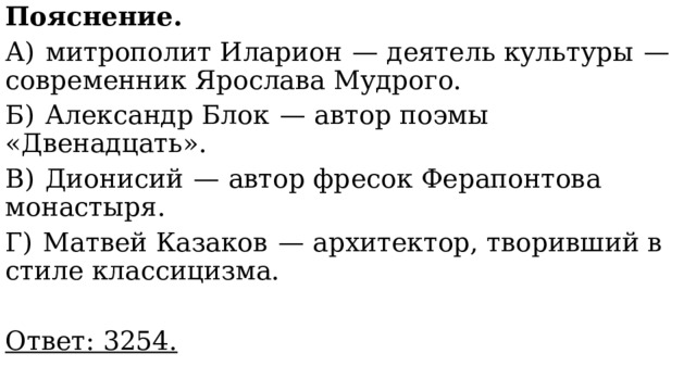 Пояснение. А)  митрополит Иларион  — деятель культуры  — современник Ярослава Мудрого. Б)  Александр Блок  — автор поэмы «Двенадцать». В)  Дионисий  — автор фресок Ферапонтова монастыря. Г)  Матвей Казаков  — архитектор, творивший в стиле классицизма.   Ответ: 3254. 