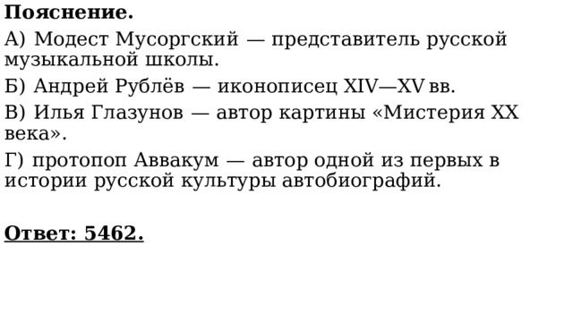 Пояснение. А)  Модест Мусоргский  — представитель русской музыкальной школы. Б)  Андрей Рублёв  — иконописец XIV—XV вв. В)  Илья Глазунов  — автор картины «Мистерия XX века». Г)  протопоп Аввакум  — автор одной из первых в истории русской культуры автобиографий.   Ответ: 5462. 