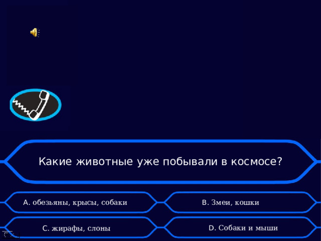 Какие животные уже побывали в космосе? А. обезьяны, крысы, собаки B . Змеи, кошки D . Собаки и мыши C . жирафы, слоны 