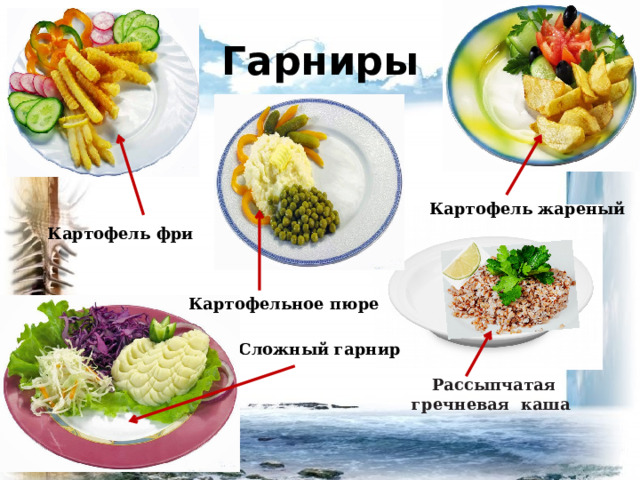 Гарниры Картофель жареный Картофель фри Картофельное пюре Сложный гарнир Рассыпчатая гречневая каша  