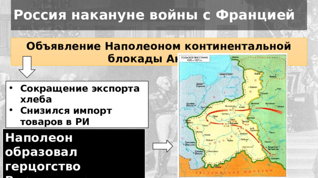 Россия накануне войны с Францией Объявление Наполеоном континентальной блокады Англии Сокращение экспорта хлеба Снизился импорт товаров в РИ Наполеон образовал герцогство Варшавское 