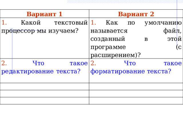 Вариант 1 Вариант 2 1. Какой текстовый процессор мы изучаем? 1. Как по умолчанию называется файл, созданный в этой программе  (с расширением)? 2. Что такое редактирование текста? 2. Что такое форматирование текста? 