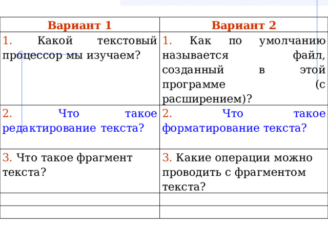 Вариант 1 Вариант 2 1. Какой текстовый процессор мы изучаем? 1. Как по умолчанию называется файл, созданный в этой программе  (с расширением)? 2. Что такое редактирование текста? 2. Что такое форматирование текста? 3. Что такое фрагмент текста? 3. Какие операции можно проводить с фрагментом текста? 