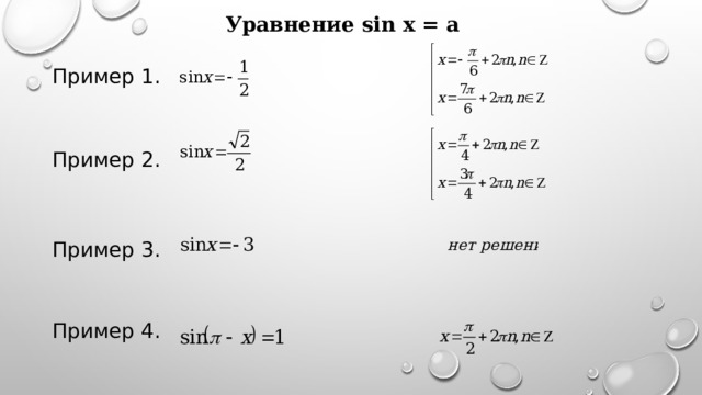 Уравнение sin x = a Пример 1. Пример 2. Пример 3. Пример 4. 
