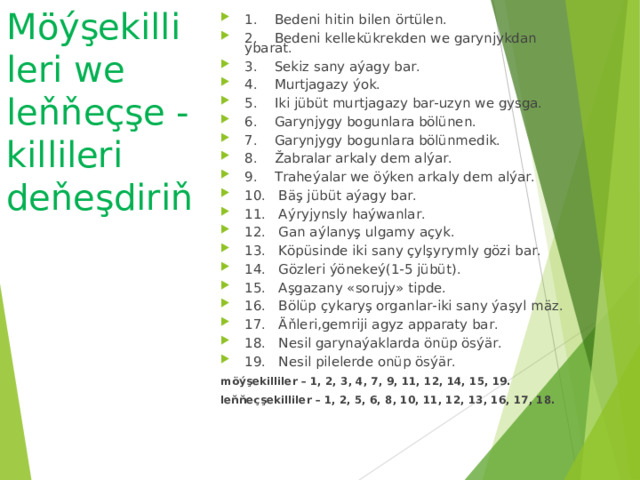 Möýşekilli leri we leňňeçşe -killileri deňeşdiriň 1.    Bedeni hitin bilen örtülen. 2.    Bedeni kellekükrekden we garynjykdan ybarat. 3.    Sekiz sany aýagy bar. 4.    Murtjagazy ýok. 5.    Iki jübüt murtjagazy bar-uzyn we gysga. 6.    Garynjygy bogunlara bölünen. 7.    Garynjygy bogunlara bölünmedik. 8.    Žabralar arkaly dem alýar. 9.    Traheýalar we öýken arkaly dem alýar. 10.   Bäş jübüt aýagy bar. 11.  Aýryjynsly haýwanlar. 12. Gan aýlanyş ulgamy açyk. 13.   Köpüsinde iki sany çylşyrymly gözi bar. 14.   Gözleri ýönekeý(1-5 jübüt). 15.   Aşgazany «sorujy» tipde. 16.   Bölüp çykaryş organlar-iki sany ýaşyl mäz. 17.   Äňleri,gemriji agyz apparaty bar. 18.   Nesil garynaýaklarda önüp ösýär. 19.   Nesil pilelerde onüp ösýär. möýşekilliler – 1, 2, 3, 4, 7, 9, 11, 12, 14, 15, 19.                leňňeçşekilliler – 1, 2, 5, 6, 8, 10, 11, 12, 13, 16, 17, 18.  