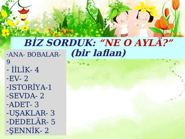 BİZ SORDUK: “NE O AYLÄ?” (bir laflan) ANA- BOBALAR-9  İİLİK- 4 EV- 2 ISTORİYA-1 SEVDA- 2 ADET- 3 UŞAKLAR- 3 DEDELÄR- 5 ŞENNİK- 2 