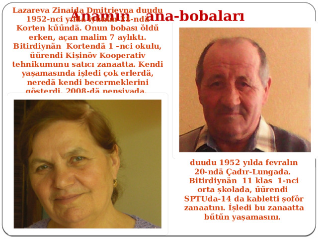  Anamın ana-bobaları Lazareva Zinaida Dmitrievna duudu 1952-nci yılda iyűnűn 21-ndӓ Korten kűűndӓ. Onun bobası ȍldű erken, aҫan malim 7 aylıktı. Bitirdiynӓn Kortendӓ 1 –nci okulu, űűrendi Kișinȍv Kooperativ tehnikumunu satıcı zanaatta. Kendi yașamasında ișledi ҫok erlerdӓ, neredӓ kendi becermeklerini gȍsterdi. 2008-dӓ pensiyada.  Lazarev Vladimir Petroviҫ duudu 1952 yılda fevralın 20-ndӓ Çadır-Lungada. Bitirdiynӓn 11 klas 1-nci orta șkolada, űűrendi SPTUda-14 da kabletti șofȍr zanaatını. Íșledi bu zanaatta bűtűn yașamasını. 