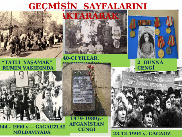 GEÇMİŞİN  SAYFALARINI  AKTARARAK 40-CI YILLAR. DEPORTAȚİYA “ TATLI YAŞAMAK” RUMIN VAKIDINDA 2  D Ü NN Ȁ CENGİ 1979-1989y.-AFGANİSTAN CENGİ 1944  - 1990  y. — GAGAUZLAR MOLDAVİYADA 23.12.1994 y. GAGAUZ ERİ 11 