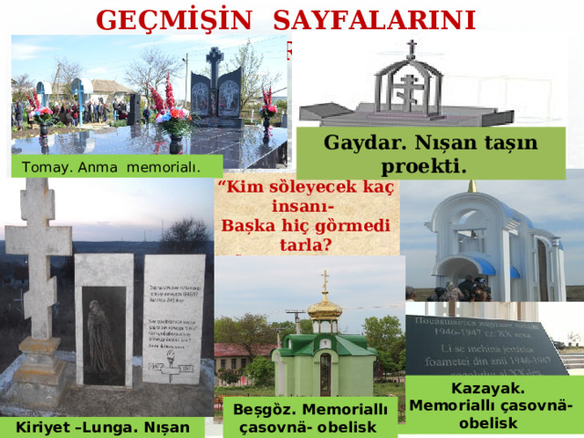 GEÇMİŞİN  SAYFALARINI  AKTARARAK Gaydar. Nıșan tașın proekti.   Tomay. Anma memorialı. “ Kim sȍleyecek ka ҫ insanı- Bașka hi ҫ gȍrmedi tarla? Ȍp ӓ medi yalpak ana? Aala, canım, aala…” I hem II Dűnnӓ cenklerin dűűșleri, aaҫlık, soykırımı, Afgan bayırlarından kan sellerin akması bizӓ deyni –O istoriya. Ama diveҫ aklınagetirmӓk onnar iҫin olacek nıșan tașları. Kazayak. Memoriallı ҫ asovn ӓ - obelisk Beșgȍz. Memoriallı ҫ asovn ӓ - obelisk Kiriyet –Lunga. Nıșan tașı 11 