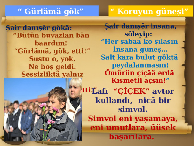 “ Koruyun güneși” “ Gürlӓmӓ gȍk”  Șair danıșȇr insana, sȍleyip: “ Her sabaa ko șılasın İnsana güneș… Salt kara bulut gȍktӓ peydalanmasın! Őmürün ҫiҫӓӓ erdӓ Kısmetli aҫsın! ” Șair danıșȇr gȍkӓ: “ Bütün buvazlan bӓn baardım! “ Gürlӓmӓ, gȍk, etti!” Sustu o, yok. Ne hoș geldi. Sessizliktӓ yalnız ҫaardım! “ Bak, bu ҫiҫek filiz etti !” Lafı “ҪİÇEK” avtor kullandı, nicӓ bir simvol. Simvol eni yașamaya, eni umutlara, üüsek bașarılara. 