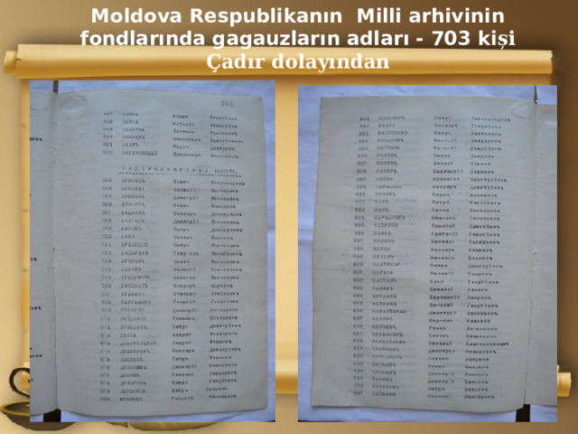Moldova Respublikanın Milli arhivinin fondlarında gagauzların adları - 703 ki și Çadır dolayından 