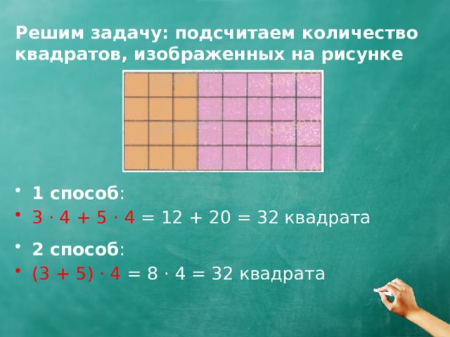 Решим задачу: подсчитаем количество квадратов, изображенных на рисунке 1 способ : 3 · 4 + 5 · 4 = 12 + 20 = 32 квадрата 2 способ : (3 + 5) · 4 = 8 · 4 = 32 квадрата 