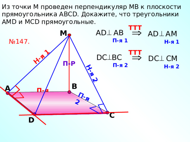 Н-я 1 Н-я 2 П-я 2 Из точки М проведен перпендикуляр МВ к плоскости прямоугольника АВСD. Докажите, что треугольники АМD и МСD прямоугольные. TTT AD AB М AD AM П-я 1 № 147. Н-я 1 TTT DC BC DC CM П-Р П-я 2 Н-я 2 В А П-я 1 Л.С. Атанасян №147. С D 11 