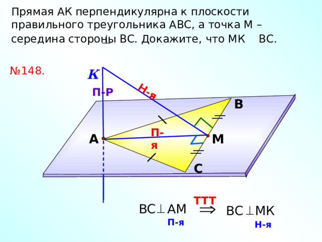 Н-я Прямая АК перпендикулярна к плоскости правильного треугольника АВС, а точка М – середина стороны ВС. Докажите, что МК ВС.  № 148. К П-Р В П-я М А Л.С. Атанасян №148. С TTT BC AМ BC MК П-я Н-я 12 