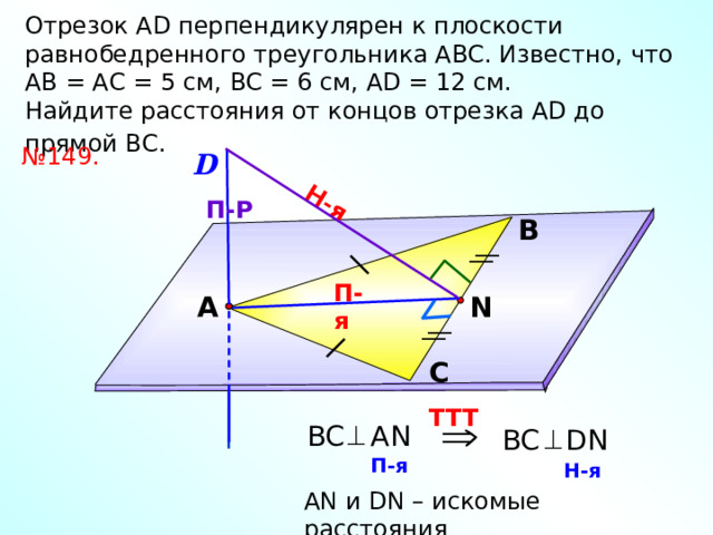 Н-я Отрезок АD перпендикулярен к плоскости равнобедренного треугольника АВС. Известно, что АВ = АС = 5 см, ВС = 6 см, АD = 12 см. Найдите расстояния от концов отрезка АD до прямой ВС.  № 149. D П-Р В П-я N А Л.С. Атанасян №149. С TTT BC AN BC DN П-я Н-я АN и DN – искомые расстояния 13 