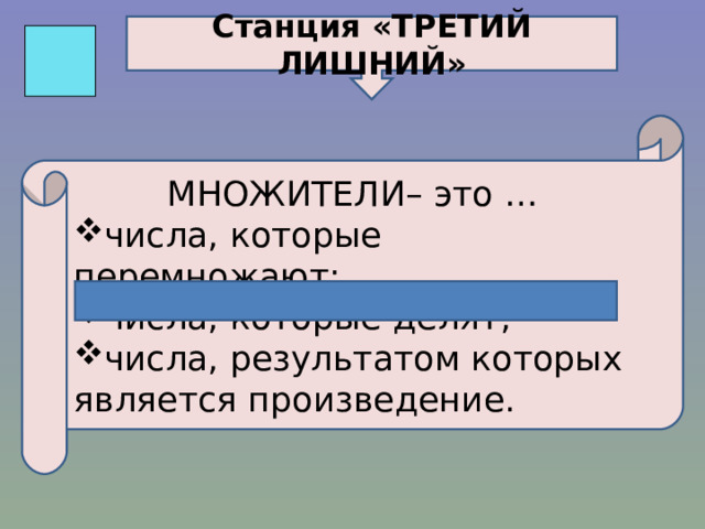 Станция «ТРЕТИЙ ЛИШНИЙ» МНОЖИТЕЛИ – это … числа, которые перемножают ; числа, которые делят ; числа, результатом которых является произведение. 