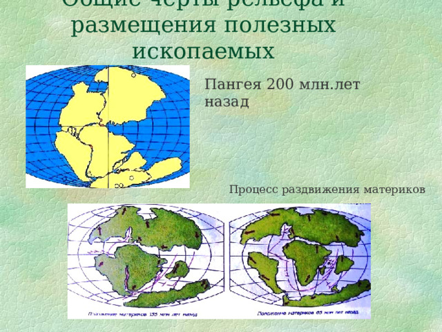 Общие черты рельефа и размещения полезных ископаемых Пангея 200 млн.лет назад Процесс раздвижения материков 