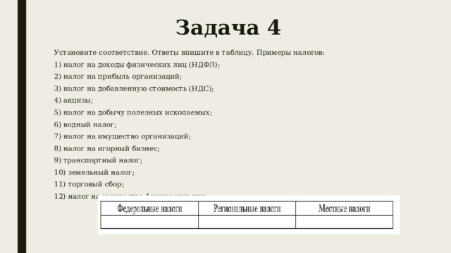 Задача 4 Установите соответствие. Ответы впишите в таблицу. Примеры налогов: 1) налог на доходы физических лиц (НДФЛ); 2) налог на прибыль организаций; 3) налог на добавленную стоимость (НДС); 4) акцизы; 5) налог на добычу полезных ископаемых; 6) водный налог; 7) налог на имущество организаций; 8) налог на игорный бизнес; 9) транспортный налог; 10) земельный налог; 11) торговый сбор; 12) налог на имущество физических лиц. 