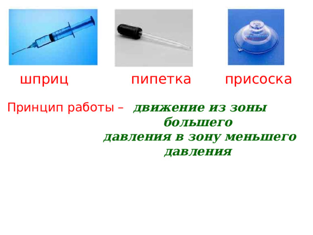 пипетка шприц присоска движение из зоны большего Принцип работы – давления в зону меньшего давления 