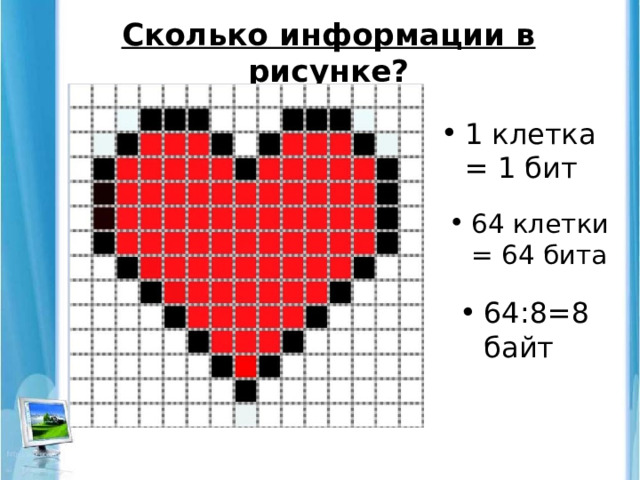 Сколько информации в рисунке? 1 клетка = 1 бит 64 клетки = 64 бита 64:8=8 байт 