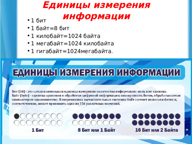 Единицы измерения информации 1 бит 1 байт=8 бит 1 килобайт=1024 байта 1 мегабайт=1024 килобайта 1 гигабайт=1024мегабайта . 