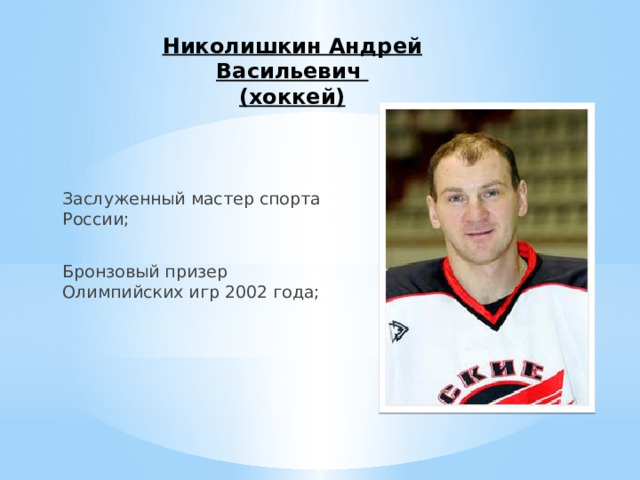 Николишкин Андрей Васильевич (хоккей) Заслуженный мастер спорта России; Бронзовый призер Олимпийских игр 2002 года; 