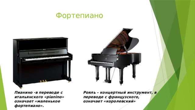 Фортепиано Пианино   -в переводе с итальянского «pianino» означает «маленькое фортепиано». Рояль   – концертный инструмент, в переводе с французского, означает «королевский» 