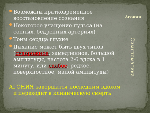 Возможны кратковременное восстановление сознания Некоторое учащение пульса (на сонных, бедренных артериях) Тоны сердца глухие Дыхание может быть двух типов ( судорожное , замедленное, большой амплитуды, частота 2-6 вдоха в 1 минуту, или слабое , редкое, поверхностное, малой амплитуды) Агония АГОНИЯ завершатся последним вдохом и переходит в клиническую смерть Симптоматика 