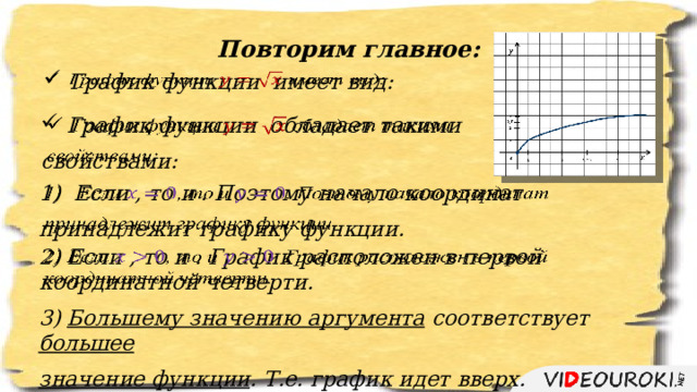 Повторим главное: График функции имеет вид:   График функции обладает такими   свойствами: Если , то и . Поэтому начало координат   принадлежит графику функции. 2) Если , то и . График расположен в первой координатной четверти.   3) Большему значению аргумента соответствует большее значение функции . Т.е. график идет вверх. 