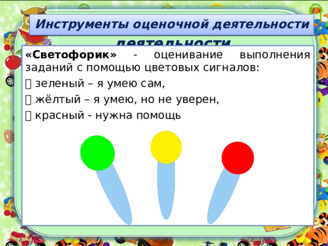 Инструменты оценочной деятельности Инструменты оценочной деятельности «Светофорик» - оценивание выполнения заданий с помощью цветовых сигналов:  зеленый – я умею сам,  жёлтый – я умею, но не уверен,  красный - нужна помощь 
