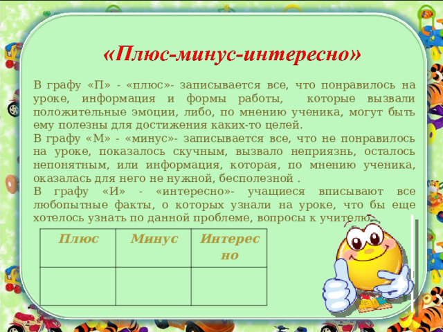 В графу «П» - «плюс»- записывается все, что понравилось на уроке, информация и формы работы, которые вызвали положительные эмоции, либо, по мнению ученика, могут быть ему полезны для достижения каких-то целей. В графу «М» - «минус»- записывается все, что не понравилось на уроке, показалось скучным, вызвало неприязнь, осталось непонятным, или информация, которая, по мнению ученика, оказалась для него не нужной, бесполезной . В графу «И» - «интересно»- учащиеся вписывают все любопытные факты, о которых узнали на уроке, что бы еще хотелось узнать по данной проблеме, вопросы к учителю. Плюс Минус Интересно 