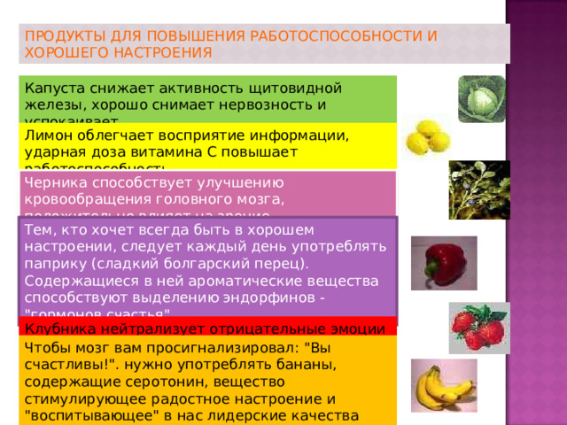 ПРОДУКТЫ ДЛЯ ПОВЫШЕНИЯ РАБОТОСПОСОБНОСТИ И ХОРОШЕГО НАСТРОЕНИЯ Капуста снижает активность щитовидной железы, хорошо снимает нервозность и успокаивает Лимон облегчает восприятие информации, ударная доза витамина С повышает работоспособность Черника способствует улучшению кровообращения головного мозга, положительно влияет на зрение Тем, кто хочет всегда быть в хорошем настроении, следует каждый день употреблять паприку (сладкий болгарский перец). Содержащиеся в ней ароматические вещества способствуют выделению эндорфинов - 