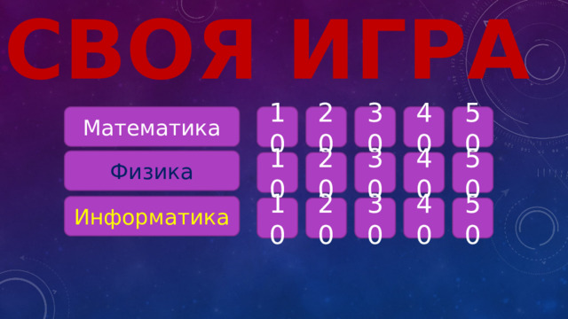 СВОЯ ИГРА Математика 10 20 30 40 50 Физика 50 40 20 30 10 Информатика 10 20 30 40 50  