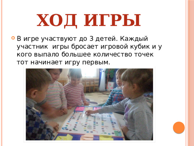 Ход игры В игре участвуют до 3 детей. Каждый участник игры бросает игровой кубик и у кого выпало большее количество точек тот начинает игру первым. 