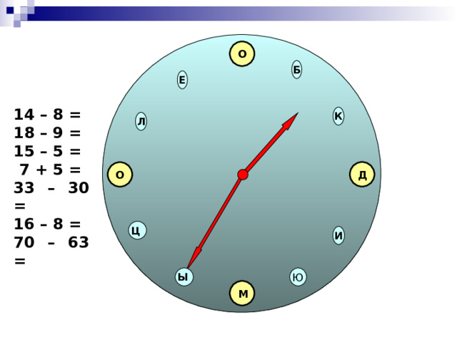 О Б Е 14 – 8 = 18 – 9 = 15 – 5 =  7 + 5 = 33 – 30 = 16 –  8 = 70 – 63 = К Л Д О Ц И Ы Ю М 14 