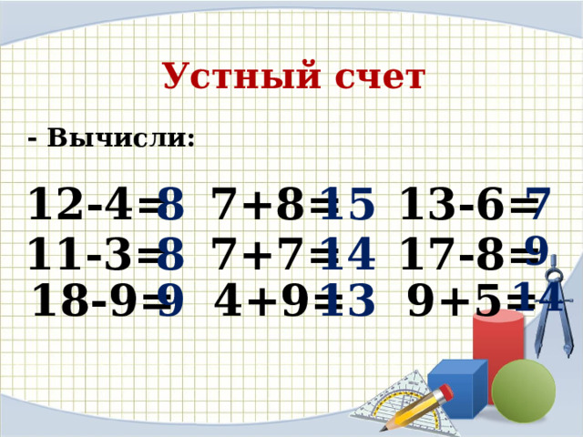 Устный счет - Вычисли: 12-4= 8 7 7+8= 15 13-6= 8 9 14 17-8= 11-3= 7+7= 9+5= 9 4+9= 13 18-9= 14 
