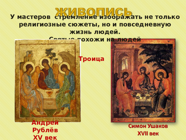У мастеров стремление изображать не только религиозные сюжеты, но и повседневную жизнь людей. Святые похожи на людей Троица Андрей Рублёв XV век 