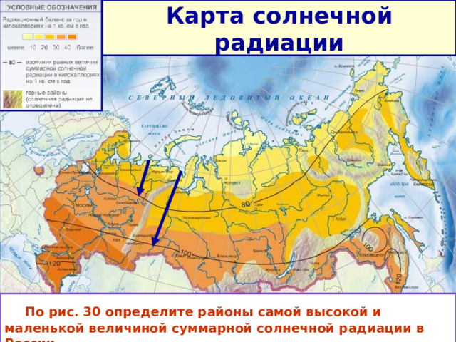 Карта солнечной радиации  Изогиета -линия, показывающая равные величины солнечной радиации.   По рис. 30 определите районы самой высокой и маленькой величиной суммарной солнечной радиации в России (ккал/ кв.см за год)  6 