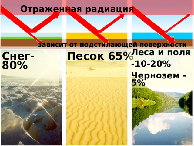 Отраженная радиация    зависит от подстилающей поверхности Леса и поля -10-20% Чернозем -5% Снег-80% Песок 65%   6 