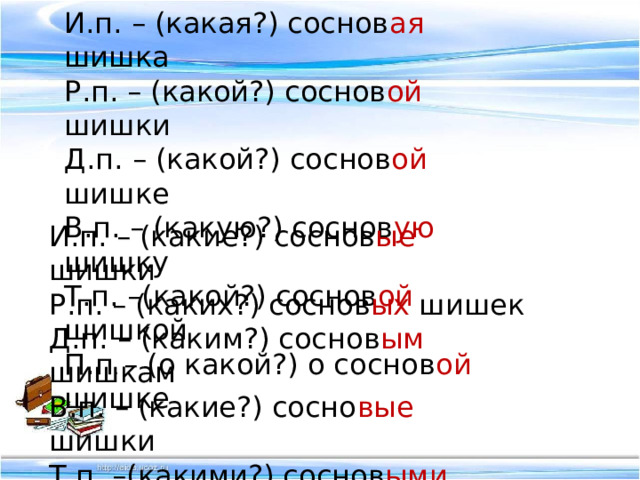 И.п. – (какая?) соснов ая шишка Р.п. – (какой?) соснов ой шишки Д.п. – (какой?) соснов ой шишке В.п. – (какую?) соснов ую шишку Т.п. –(какой?) соснов ой шишкой П.п . – (о какой?) о соснов ой шишке И.п. – (какие?) соснов ые шишки Р.п. – (каких?) соснов ых шишек Д.п. – (каким?) соснов ым шишкам В.п. – (какие?) сосно вые шишки Т.п. –(какими?) соснов ыми шишками П.п - (о каких?) о соснов ых шишках 