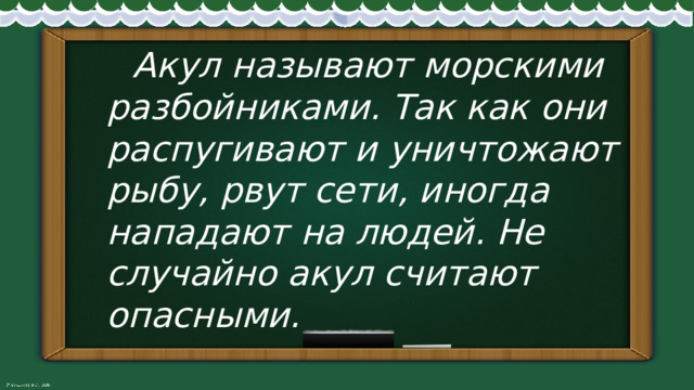  Акул называют морскими разбойниками. Так как они распугивают и уничтожают рыбу, рвут сети, иногда нападают на людей. Не случайно акул считают опасными. 