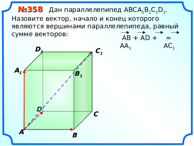  № 35 8 Дан параллелепипед АВС A 1 B 1 C 1 D 1 . Назовите вектор, начало и конец которого являются вершинами параллелепипеда, равный сумме векторов:  = AC 1  АВ + А D +  АА 1 D 1 C 1  A 1  B 1 D С A В 